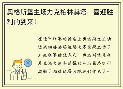 奥格斯堡主场力克柏林赫塔，喜迎胜利的到来！